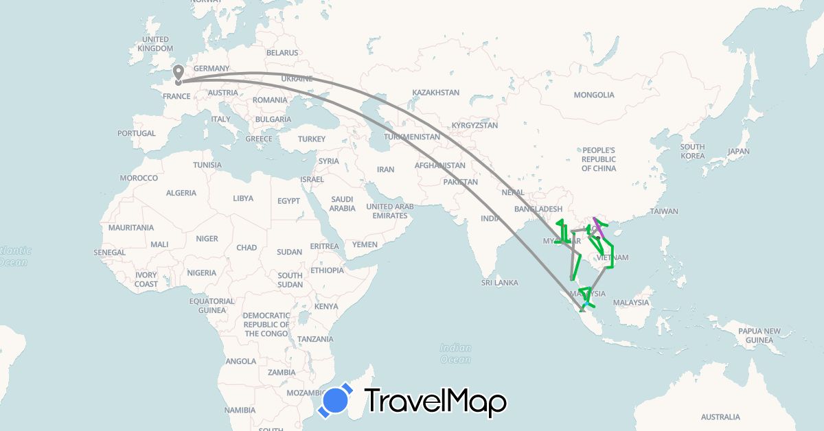 TravelMap itinerary: driving, bus, plane, train, hiking, boat, motorbike in Belgium, France, Indonesia, Laos, Myanmar (Burma), Malaysia, Singapore, Thailand, Vietnam (Asia, Europe)